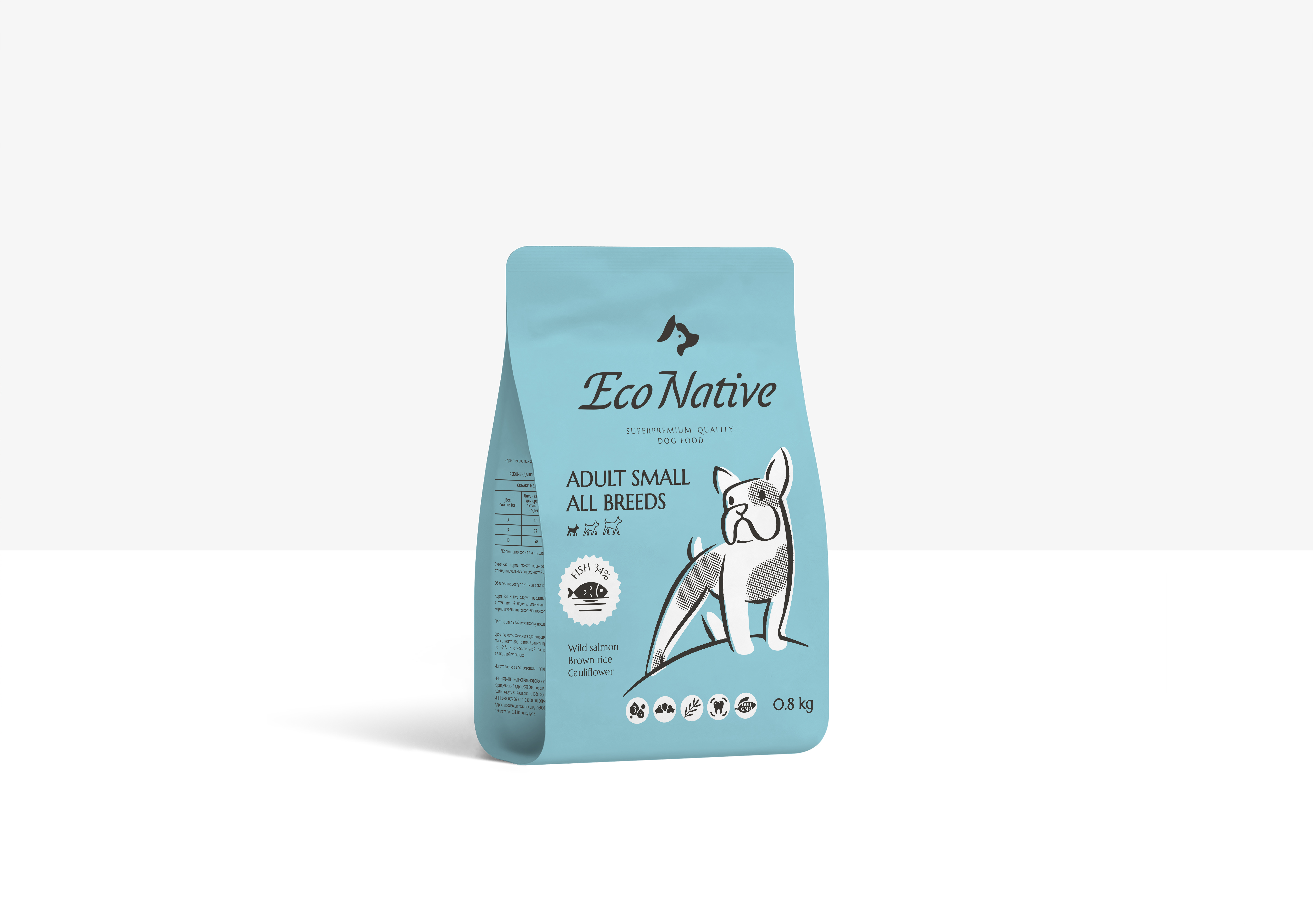 Eco Native FISH Сухой корм из дикого лосося с бурым рисом и цветной капустой для собак мелких пород, 800 гр.