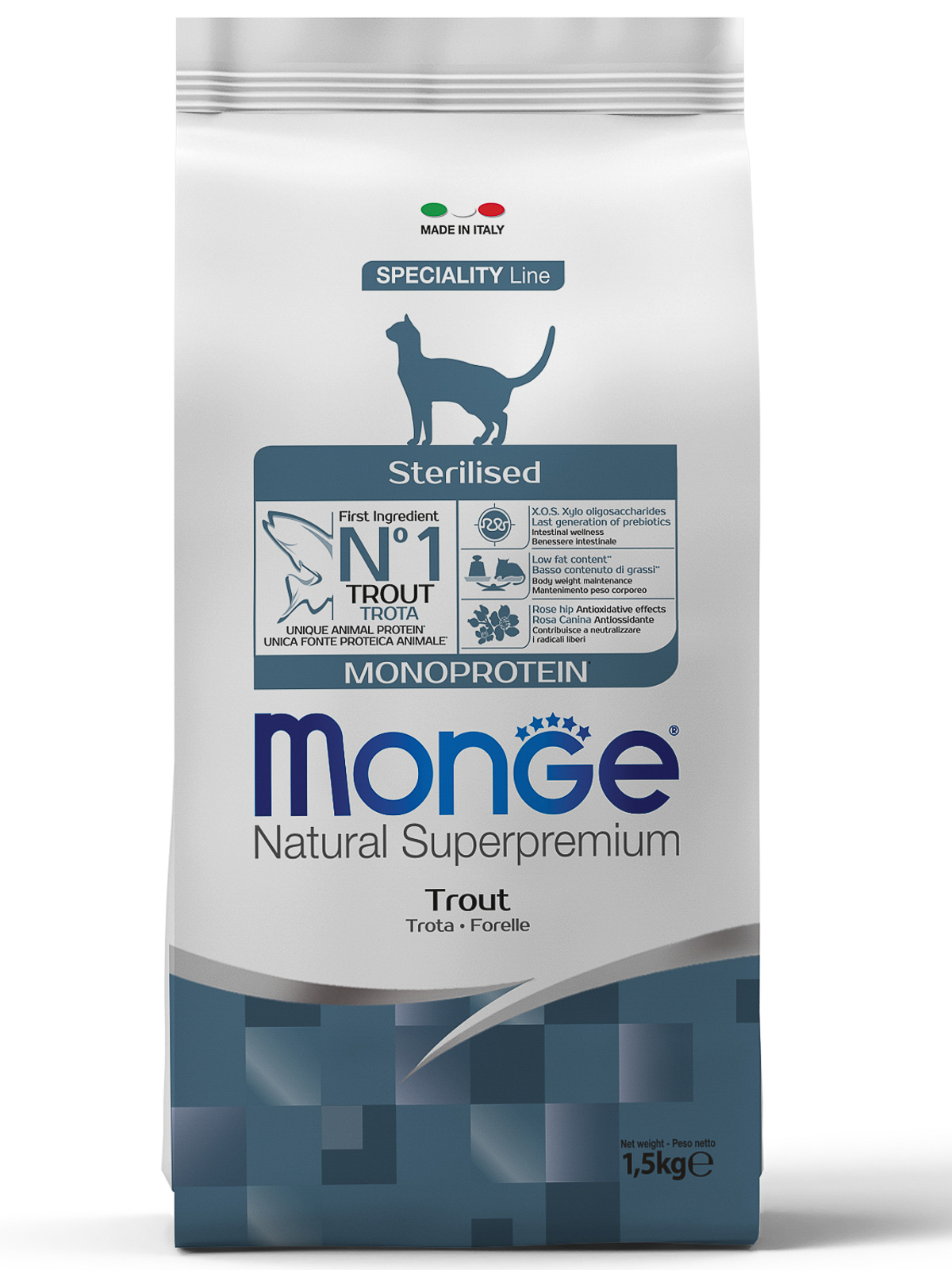 Сухой корм Monge Cat Speciality Line Monoprotein Sterilised для стерилизованных кошек, из форели 1,5 кг