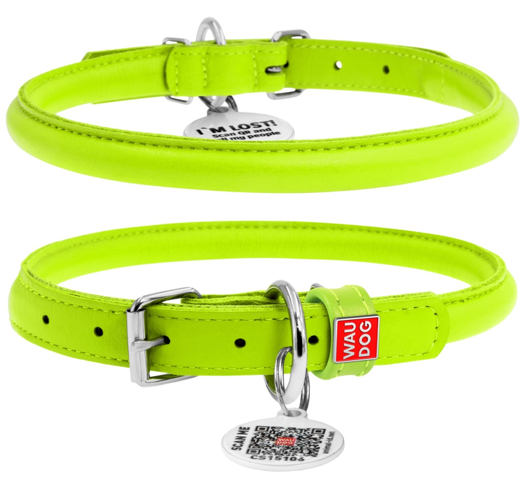 Ошейник для собак WAUDOG Glamour, с QR-паспортом, кожаный, с узором "Звездочка", светящийся (S, 20мм, 30-39см, салатовый)