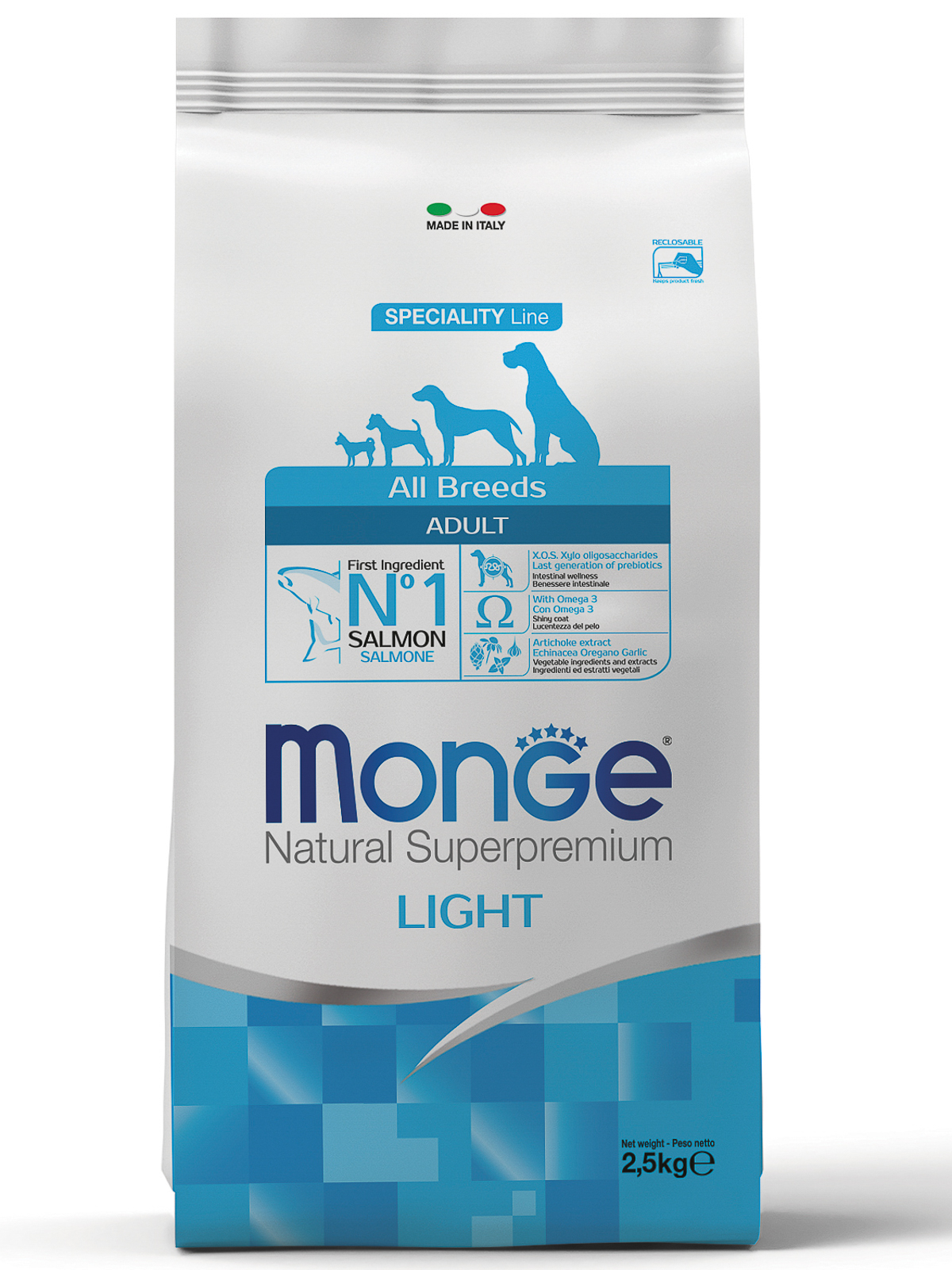 Сухой корм Monge Dog Speciality Line Light для взрослых собак всех пород, низкокалорийный, лосось с рисом 2,5 кг