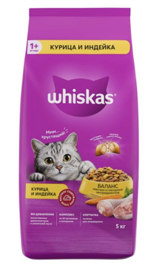 WHISKAS Whiskas Сухой корм для кошек с курицей и добавлением индейки 5 кг