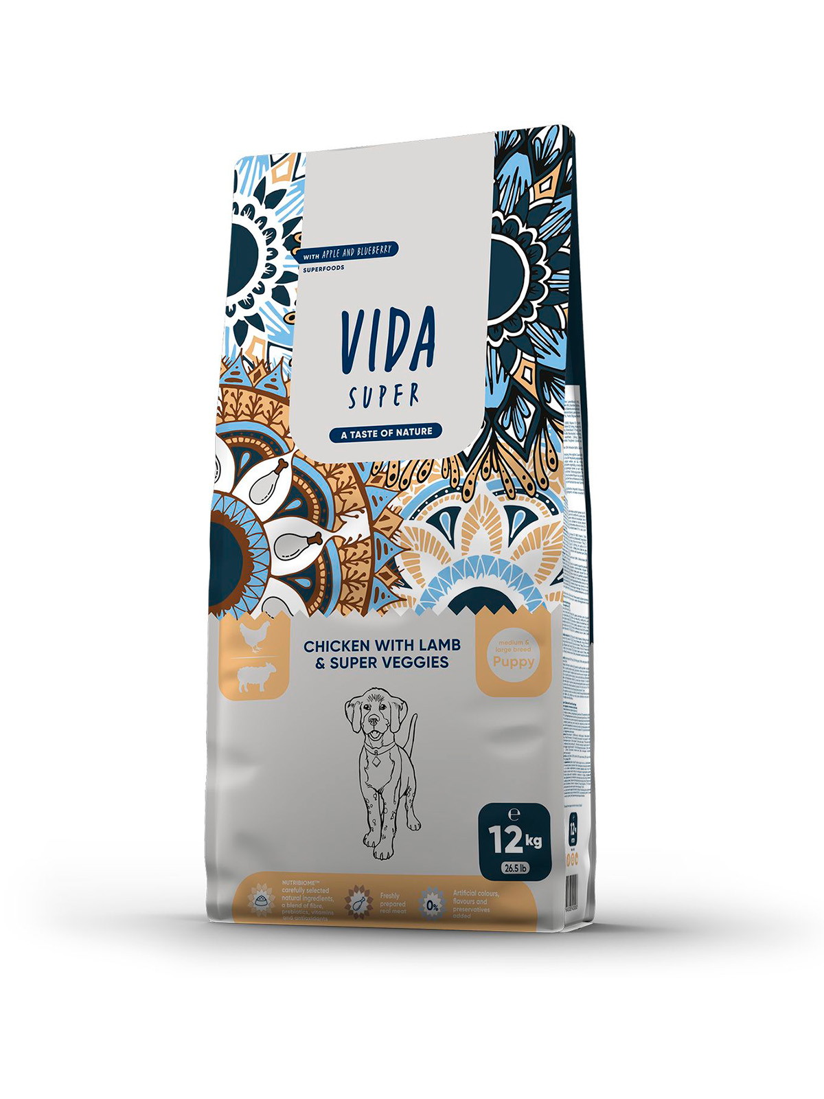 Сухой корм VIDA SUPER для щенков средних и крупных пород из курицы с ягненком и овощами 12 кг