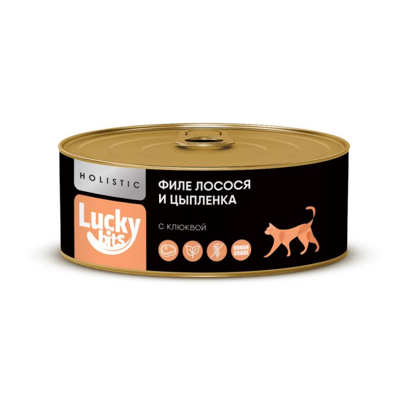 Lucky bits Консервы для кошек,  филе лосося и цыплёнка с клюквой, 100 г
