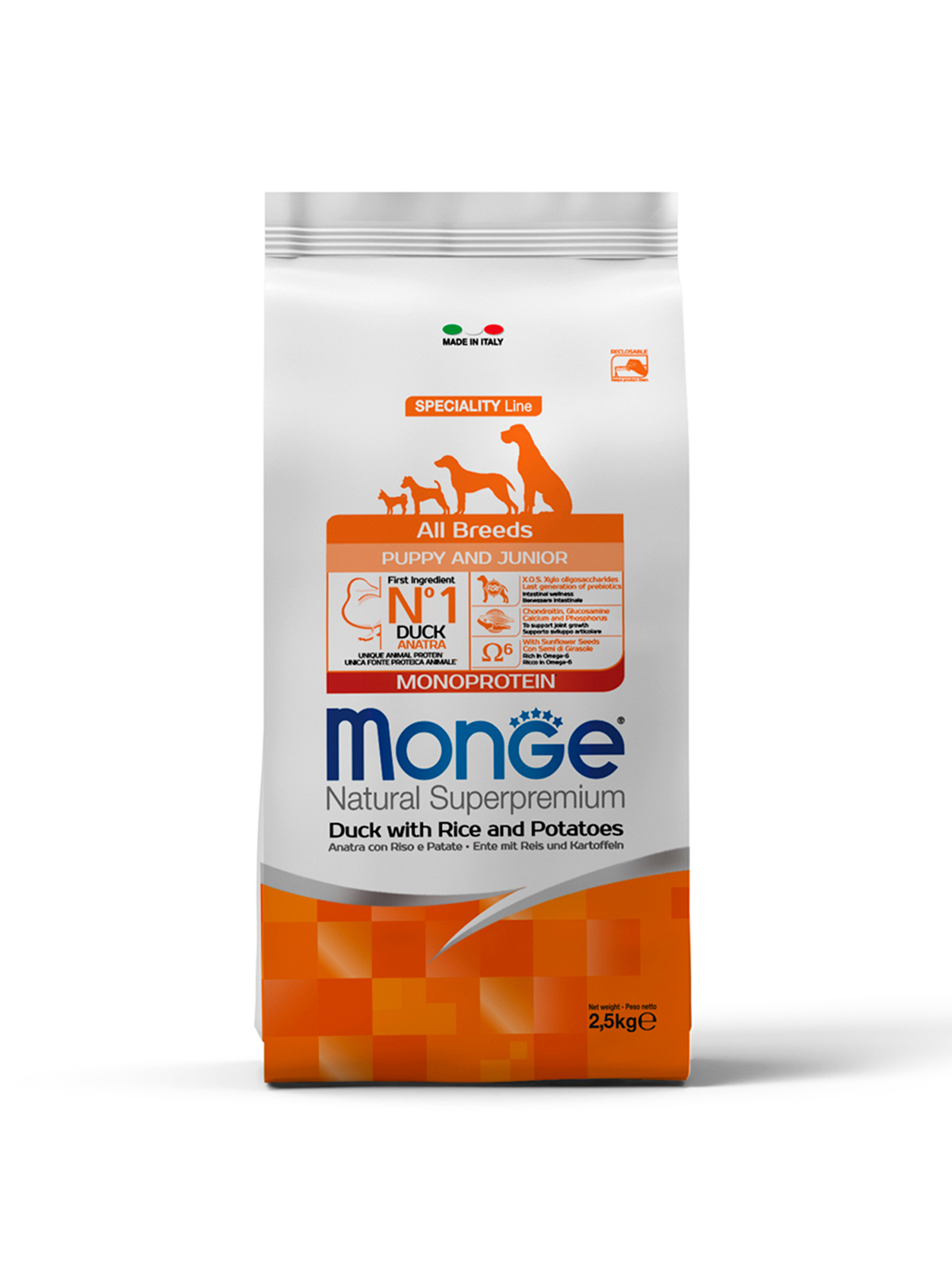 Сухой корм Monge Dog Speciality Line Monoprotein для щенков всех пород, из утки с рисом и картофелем 2,5 кг