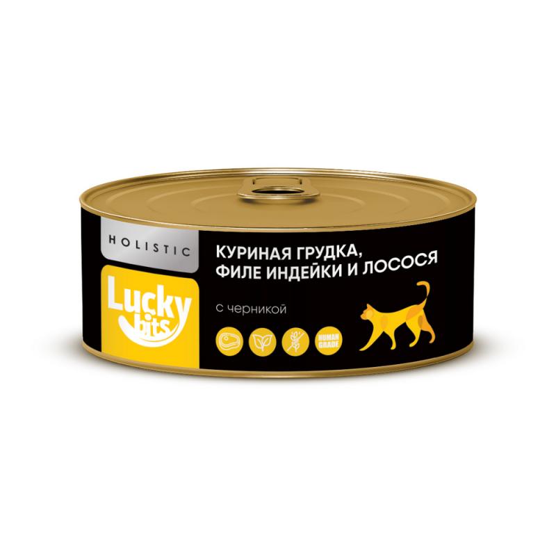 Lucky bits Консервы для кошек, куриная грудка, филе индейки и лосося с черникой, 100 г
