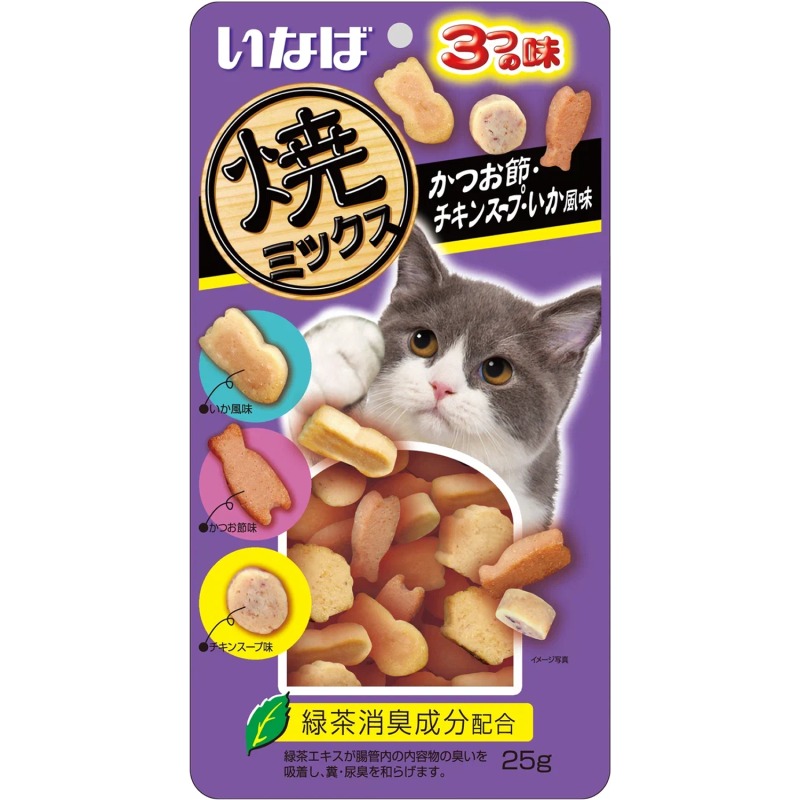 INABA CIAO Yakimiksu Лакомство запеченное  ассорти для кошек со вкусом кацуобуси, куриного бульона и кальмара, 25 г 4901133635779
