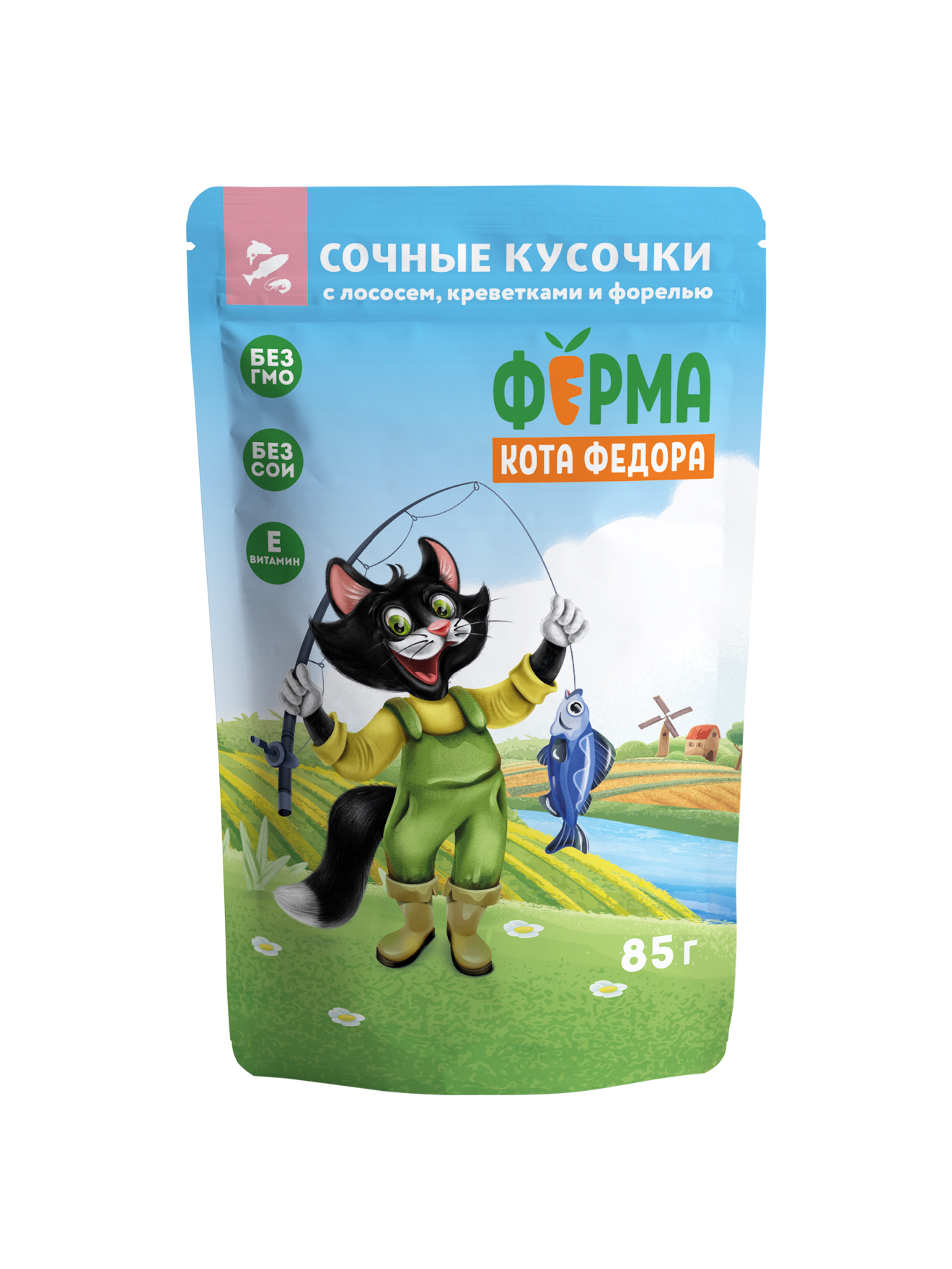 Ферма кота Фёдора Влажный корм  для кошек, с лососем, креветками и форелью, 85г