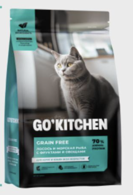 GO'KITCHEN Беззерновой для котят и кошек всех возрастов с лососем, морской рыбой, фруктами и овощами, 400гр
