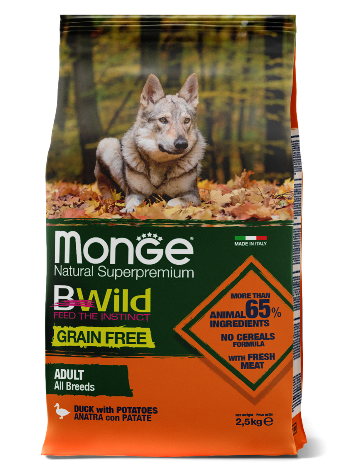 Сухой корм Monge Dog BWild GRAIN FREE для взрослых собак, беззерновой, утка с картофелем 2,5 кг