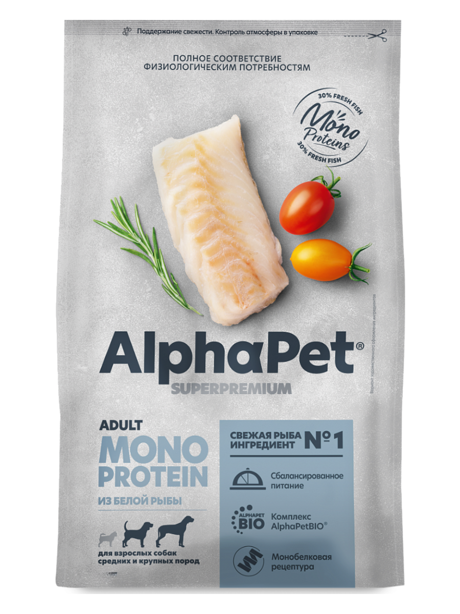 AlphaPet MONOPROTEIN Сухой корм из белой рыбы для собак средних и крупных пород 12 кг 4670064652901