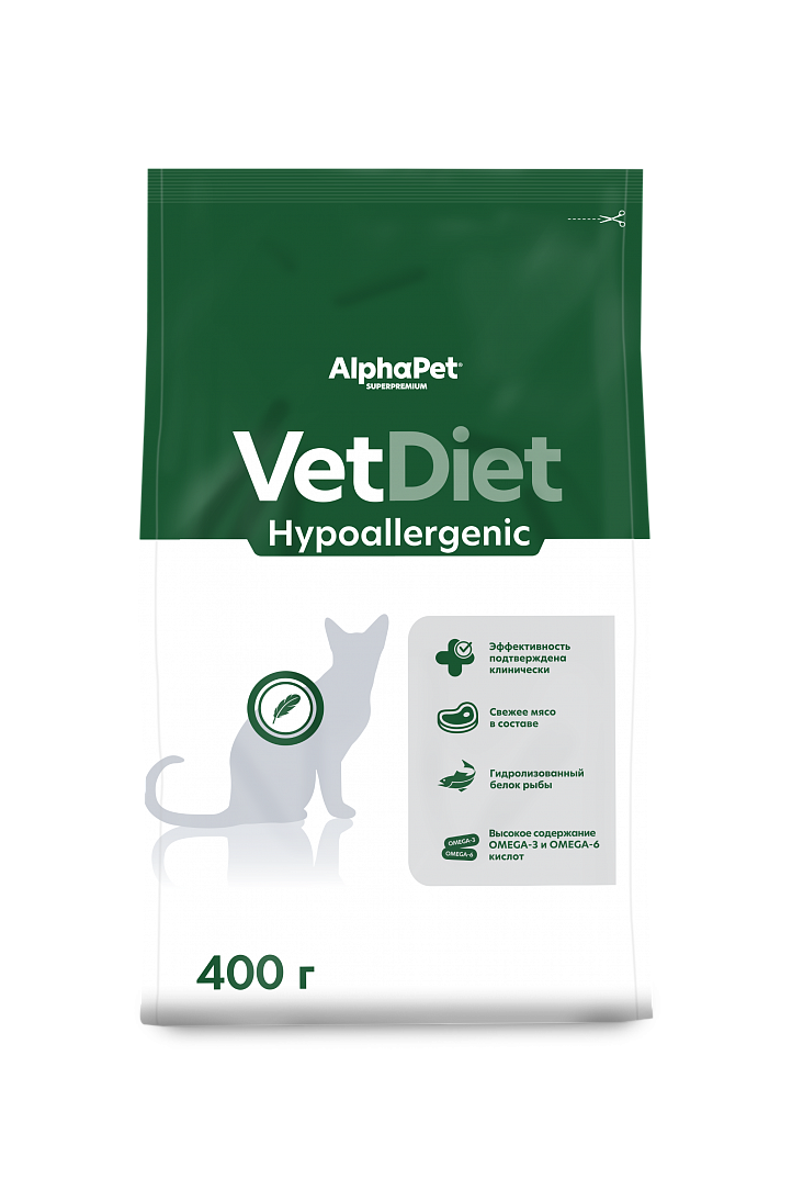 AlphaPet VetDiet Hypoallergenic Сухой корм для кошек при пищевой аллергии с белой рыбой 400 г