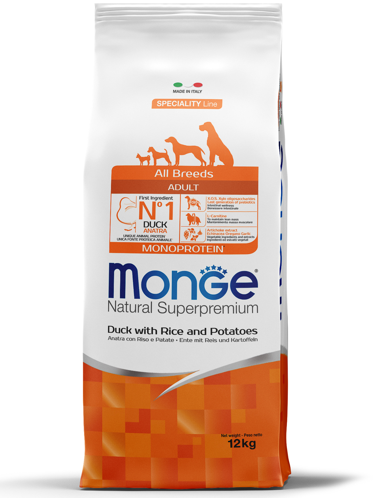 Сухой корм Monge Dog Speciality Line Monoprotein для взрослых собак всех пород, из утки с рисом и картофелем 12 кг