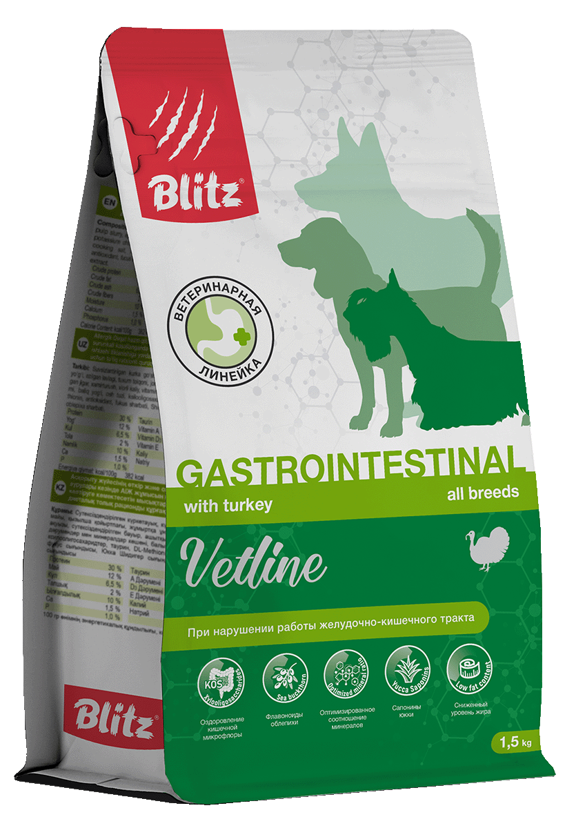 BLITZ Blitz Vetline Сухой корм для собак при нарушении работы ЖКТ 1,5кг