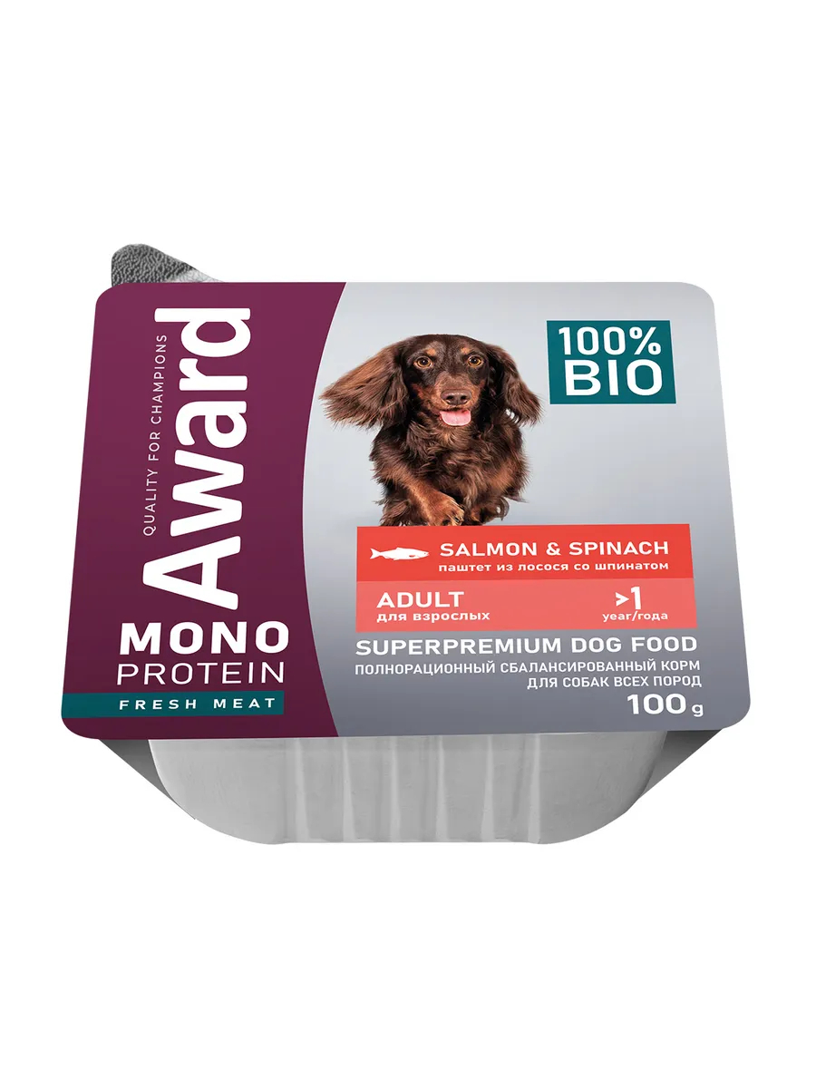 Влажный корм AWARD Monoprotein для взрослых собак паштет из лосося со шпинатом 100г