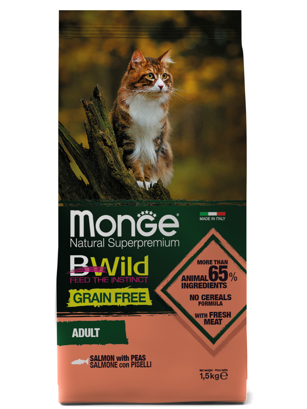 Сухой корм Monge Cat BWild GRAIN FREE для кошек, из лосося, беззерновой, 1,5 кг
