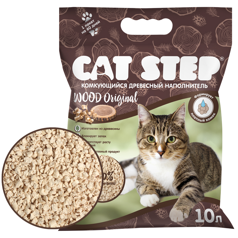 CAT STEP Wood Original Наполнитель комкующийся растительный 10л 4680384041026