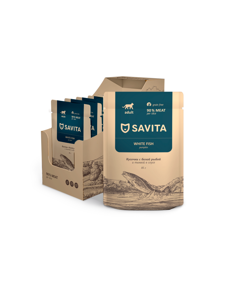 Savita Влажный корм для кошек белая рыба в соусе 85гр -12шт