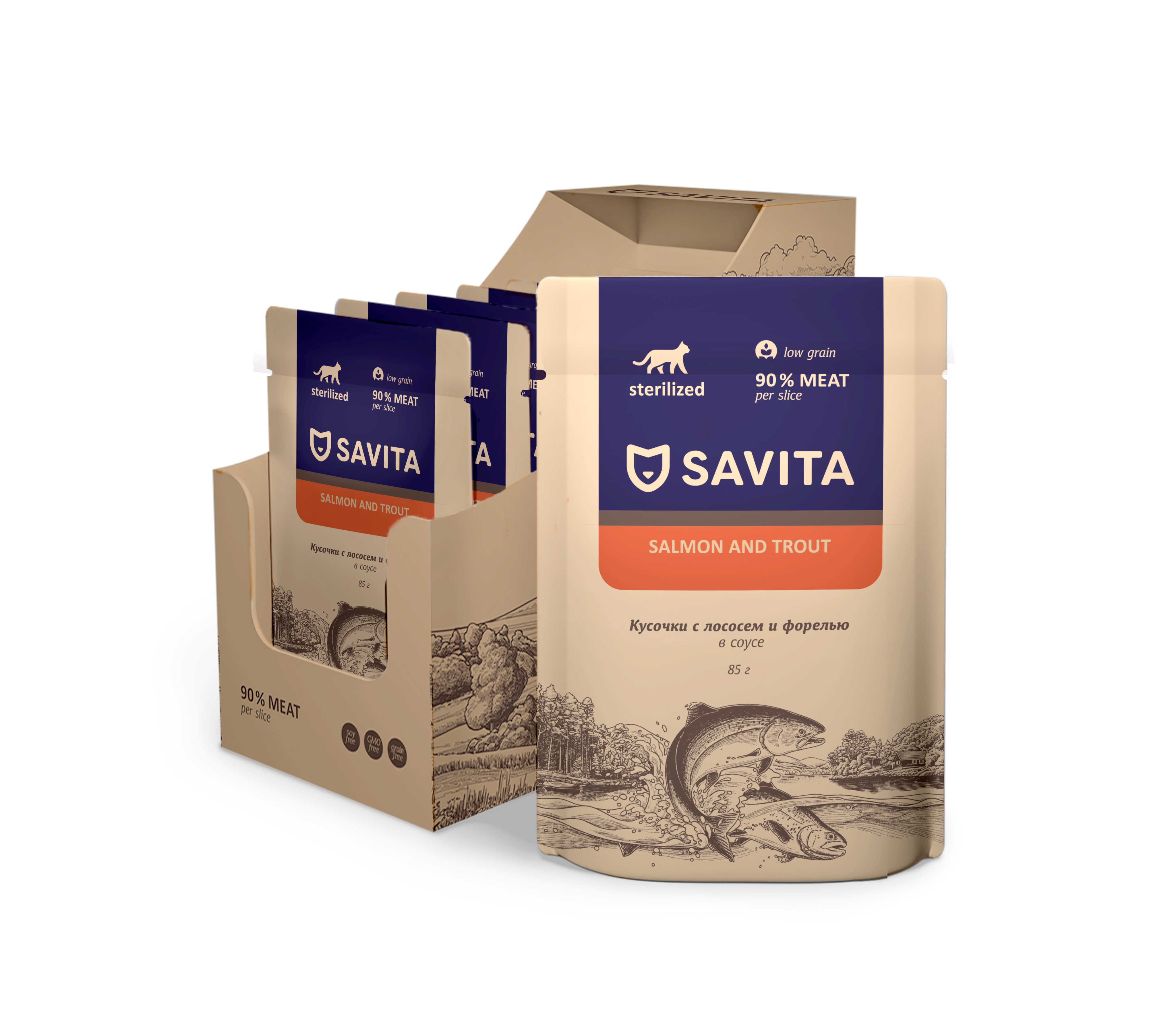 Влажный корм для стерилизованных кошек "Savita" (Савита) с лососем в соусе 85гр -12шт