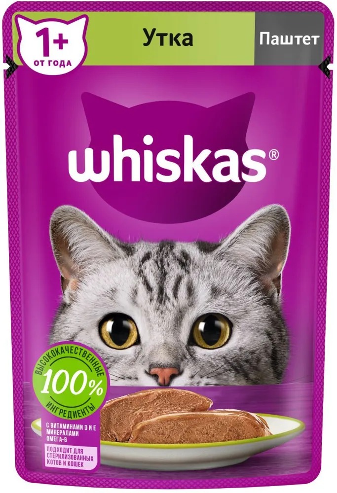 WHISKAS Влажный корм для кошек паштет, с уткой, 75гр