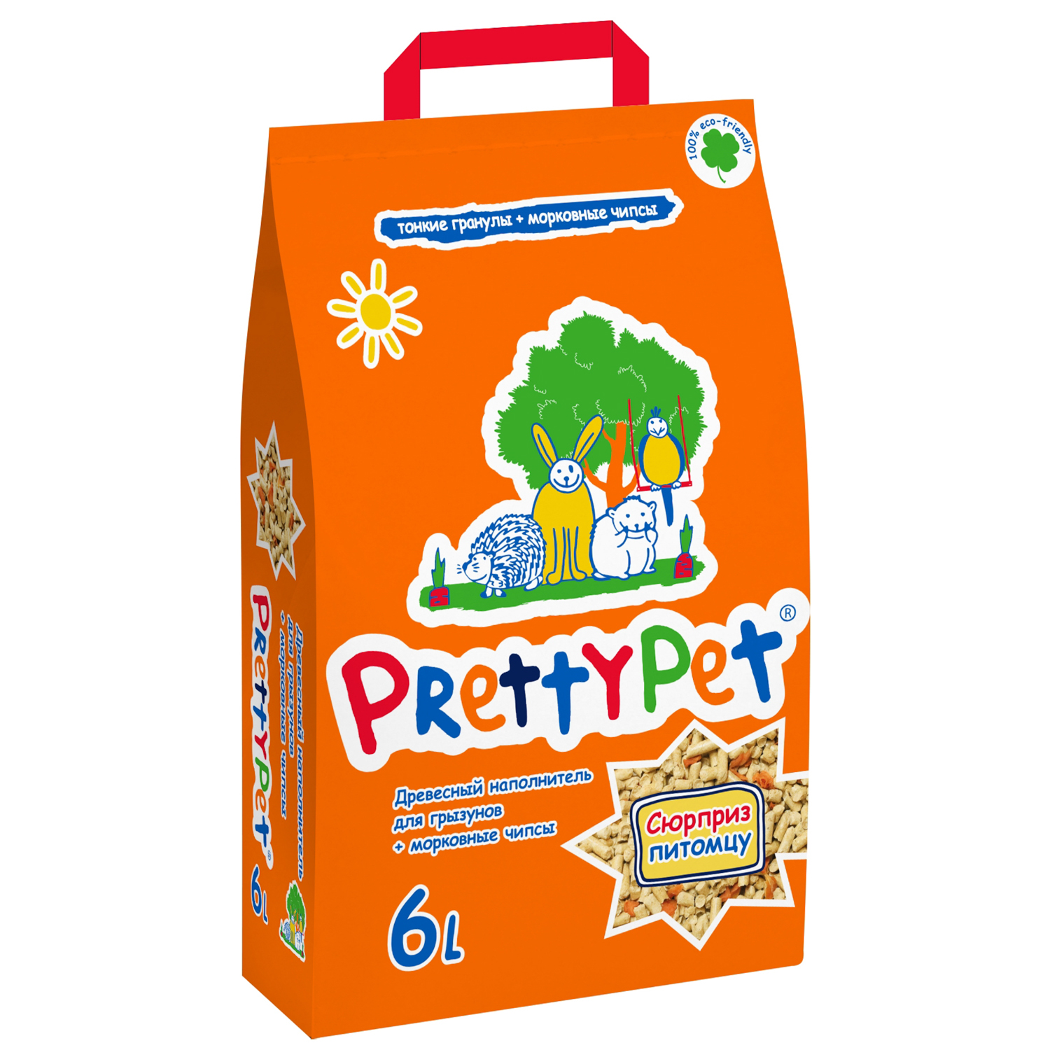 Наполнитель PrettyCat для грызунов и птиц древесный с морковными чипсами 2 кг (6л)