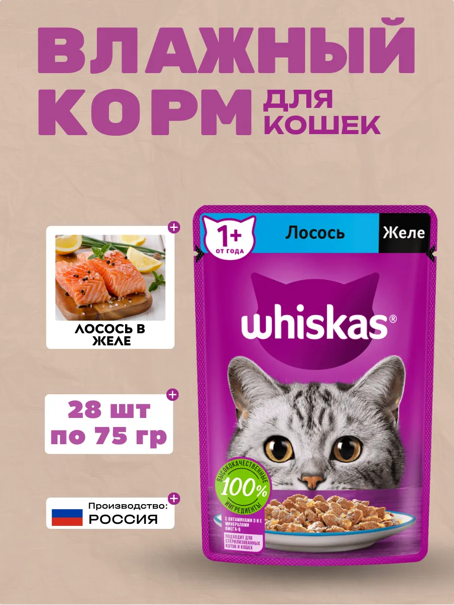 WHISKAS Влажный корм для кошек Желе с Лососем 28шт-75гр