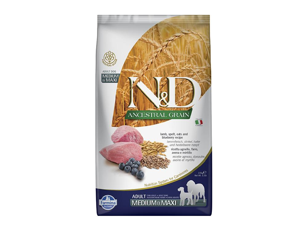 Сухой корм для взрослых собак средних и крупных пород Farmina N&D Ancestral grain, низкозерновой, ягненок с черникой, пшеницей и овсом, холистик, 2,5 кг