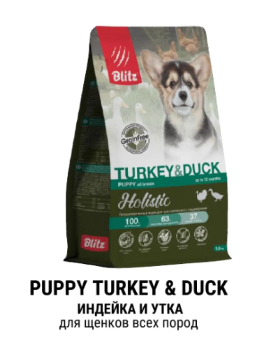 BLITZ Holistic Сухой корм для щенков всех пород с индейкой и уткой 1,5кг
