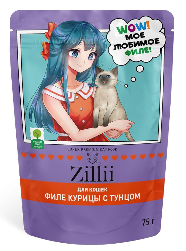 ZILLII Влажный корм для взрослых и стерилизованных кошек  филе Куриное и филе Тунца в соусе 75г
