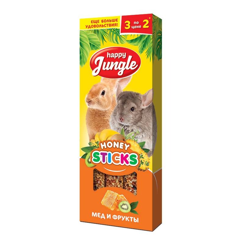 Happy Jungle Лакомство для крупных грызунов, палочки с медом и фруктами, 3 шт