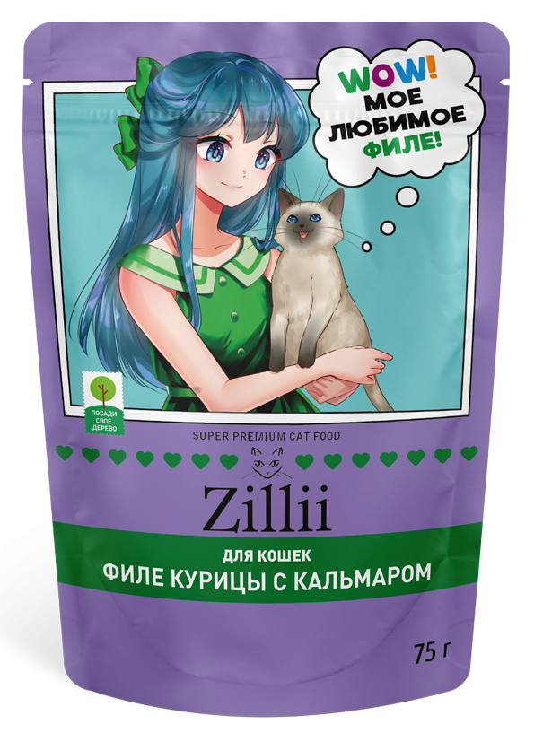 ZILLII Влажный корм для взрослых и стерилизованных кошек  филе Куриное с Кальмаром в соусе 75г