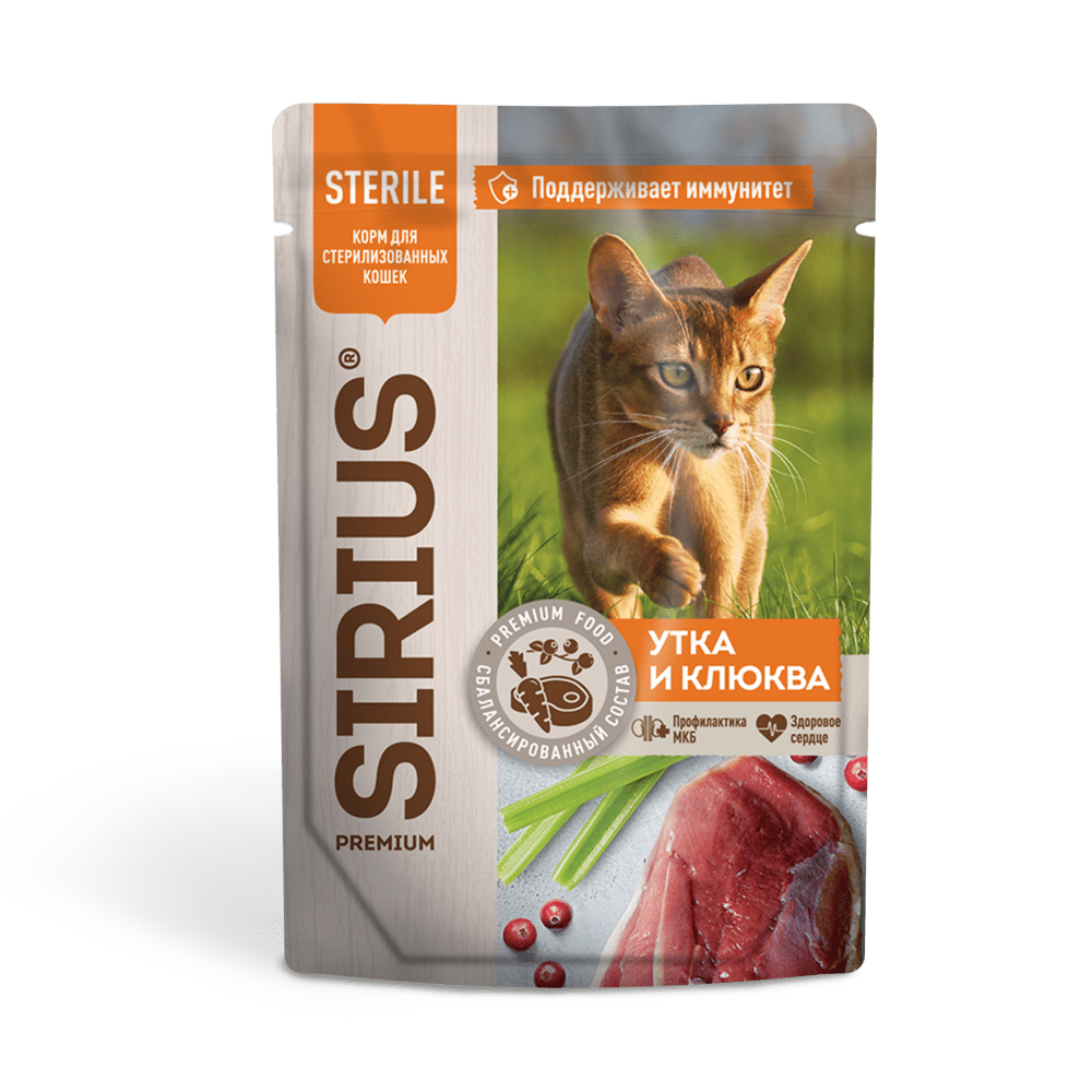 SIRIUS  Sterile Влажный корм для стерилизованных кошек, с уткой и клюквой, 85г 4630169560846