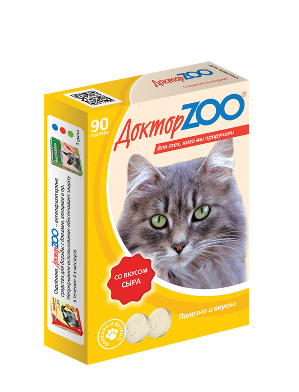 Доктор ZOO для кошек, со вкусом сыра и биотином, таблетки, № 90