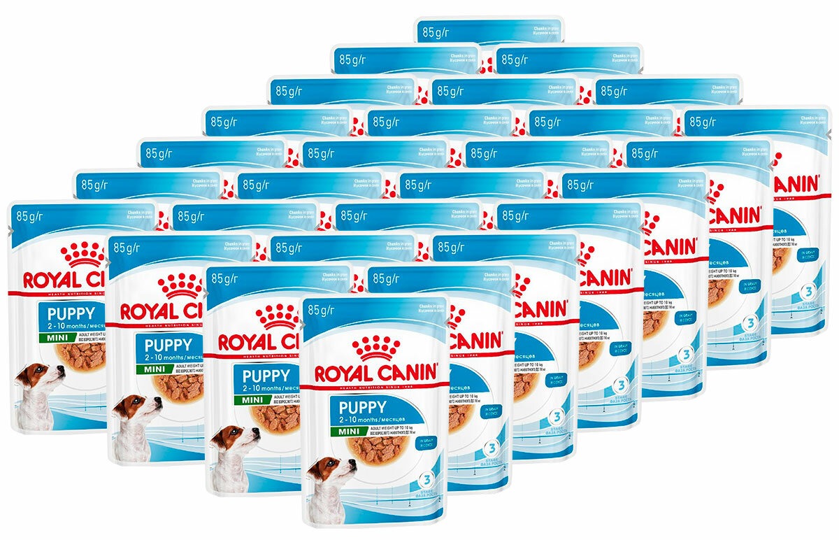 Влажный корм Royal Canin Mini Puppy для щенков мелких пород в возрасте до 10 месяцев, кусочки в соусе 85гр-28шт