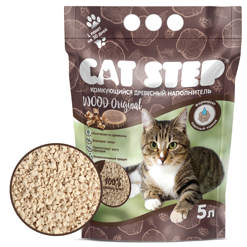 CAT STEP Wood Original Наполнитель комкующийся растительный 5л 4680384032116