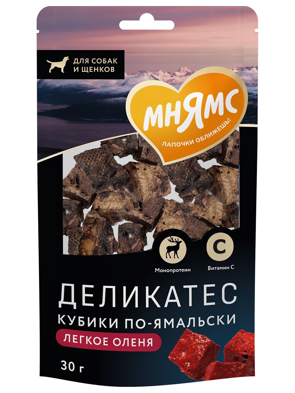 Лакомство Мнямс Деликатес «Кубики по-ямальски» из легкого северного оленя для собак 30 г