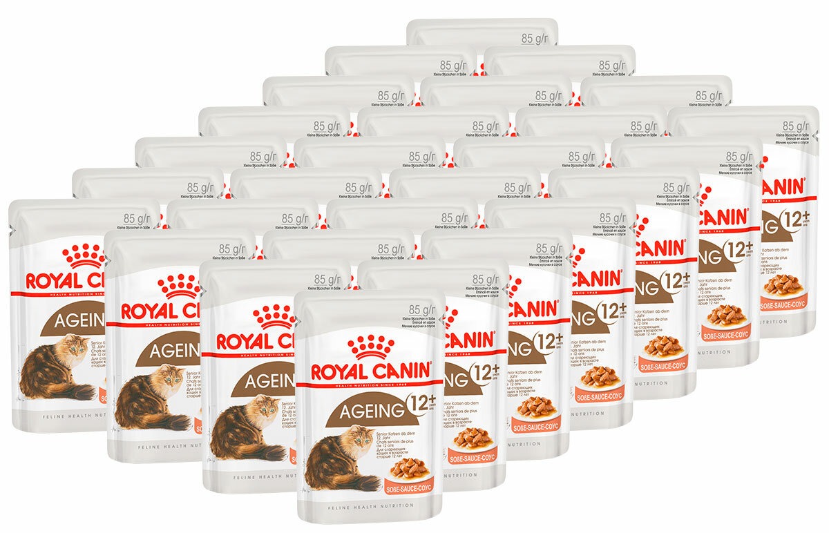 Влажный корм Royal Canin Ageing 12+ для стареющих кошек в возрасте старше 12 лет, мелкие кусочки в соусе 85гр-28шт