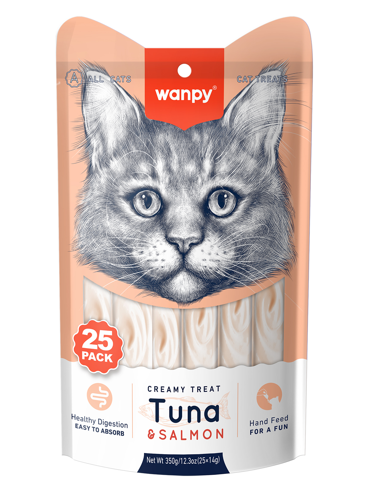 Wanpy Cat Лакомство для кошек "нежное пюре" из тунца и лосося 25 шт х14 г