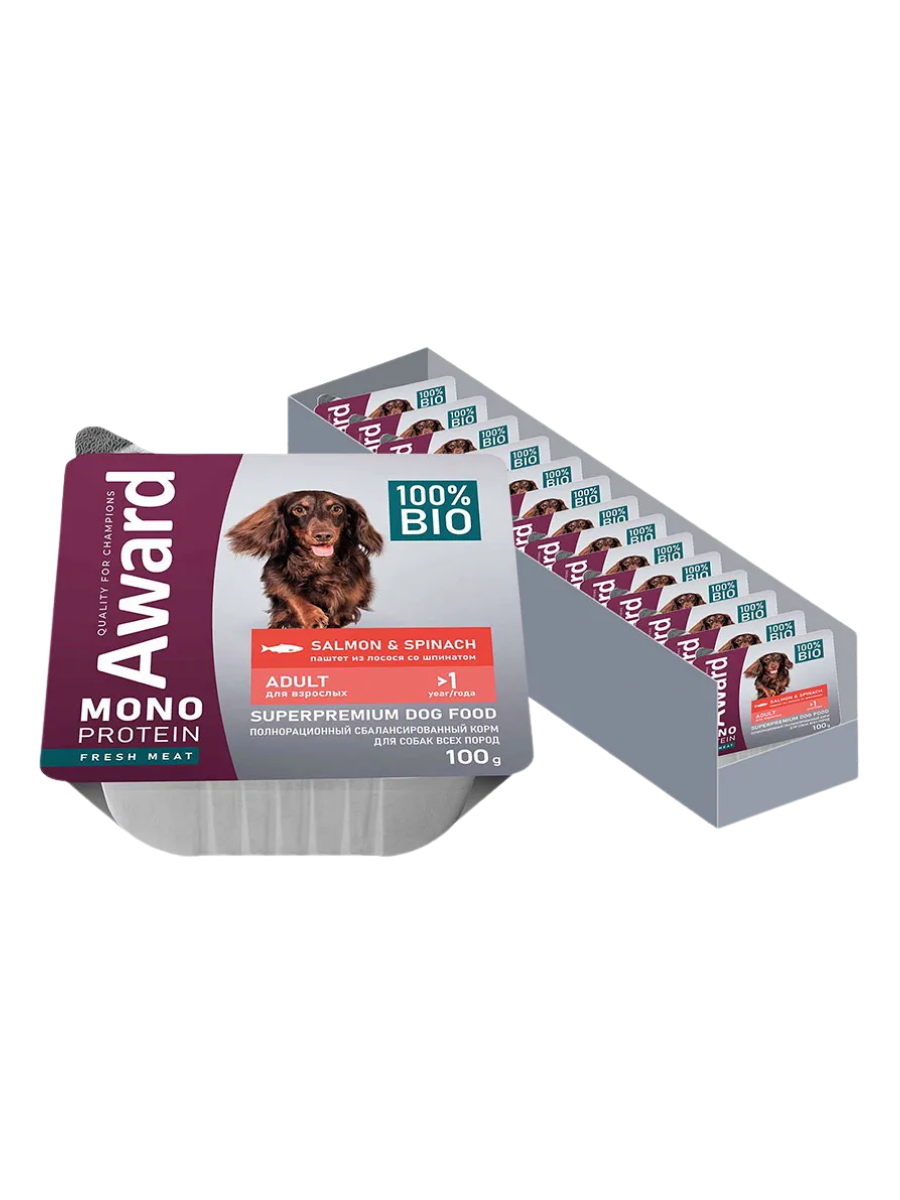 AWARD Влажный корм для собак паштет из лосося со шпинатом 100г - 14шт