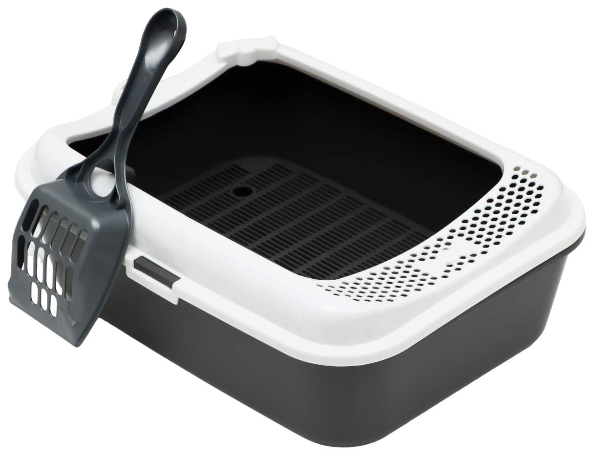 Туалет для кошек "Нomecat Бюджет" с бортиком и сеткой серо-белый 39 см х 30 см х 13,5 см