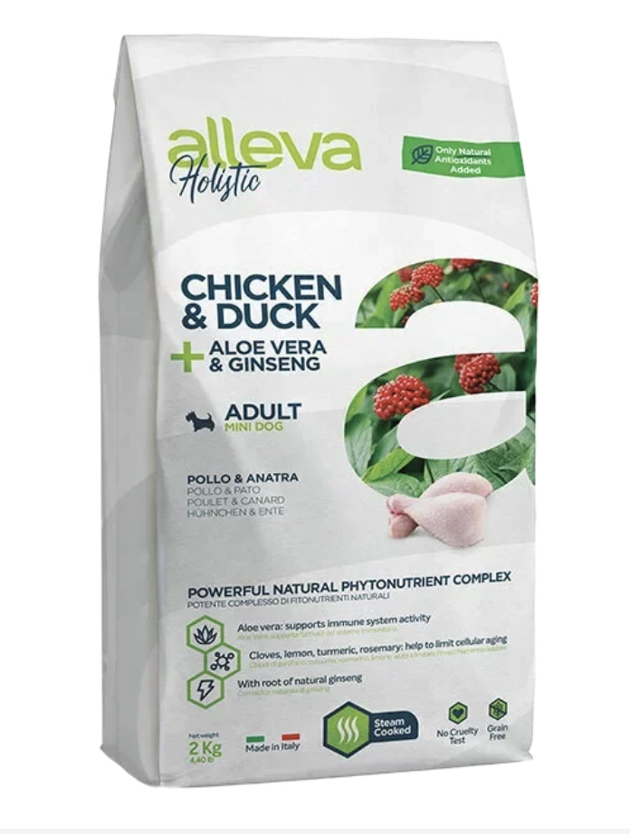 Alleva Корм для взрослых собак Аллева Холистик с курицей и уткой, алое вера и женьшенем. Мини 2 кг 8002754002295