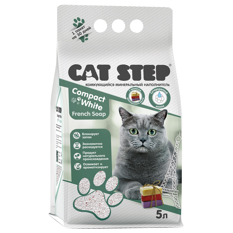 Наполнитель комкующийся минеральный CAT STEP Compact White French Soap, 5 л