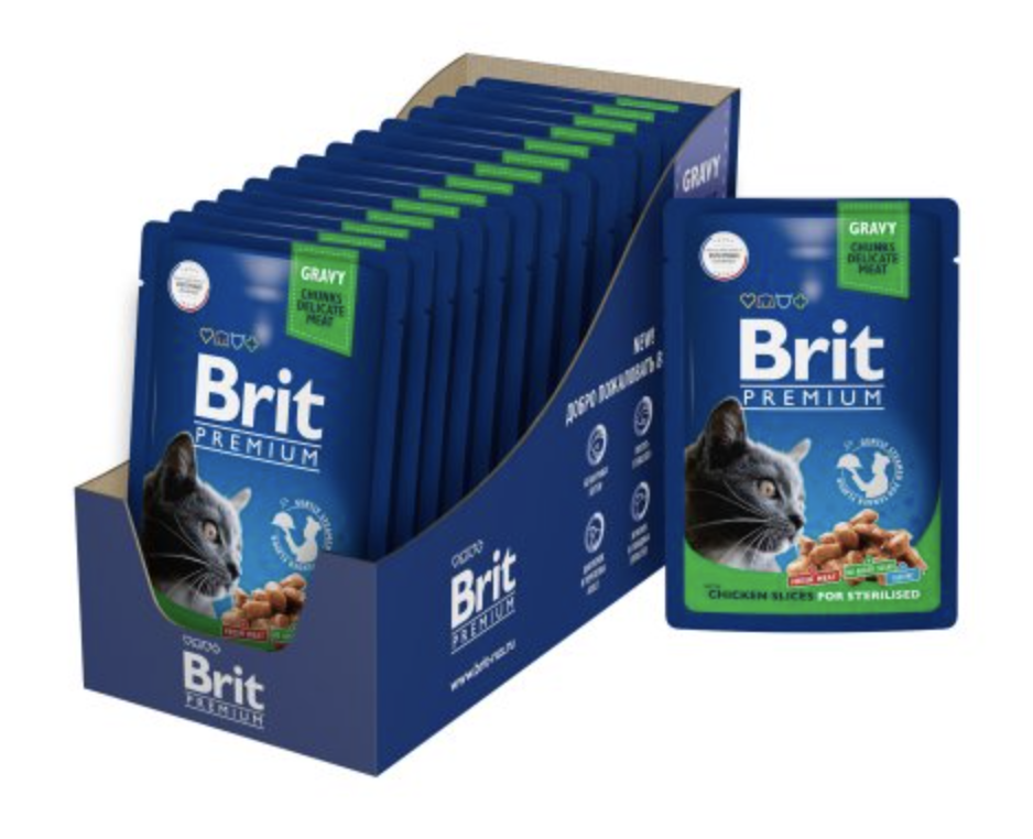 Brit Premium паучи для взрослых cтерилизованных кошек с цыпленком кусочки в соусе - 85 г х 14 шт