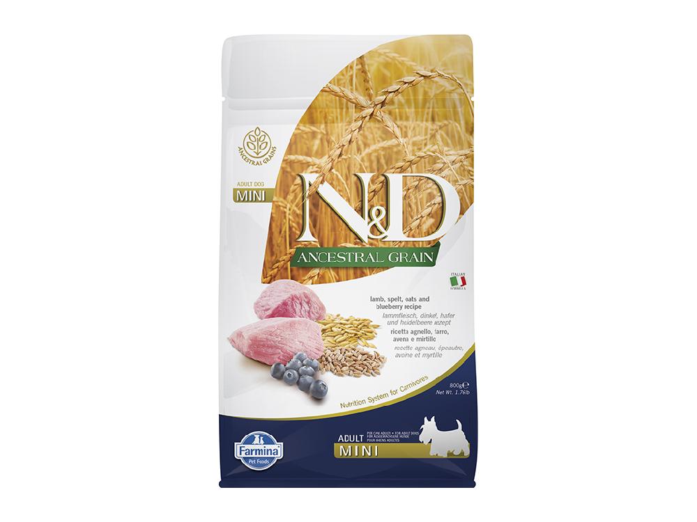 Сухой корм для взрослых собак мелких пород Farmina N&D Ancestral grain, низкозерновой, ягненок с черникой, пшеницей и овсом, холистик, 800 гр