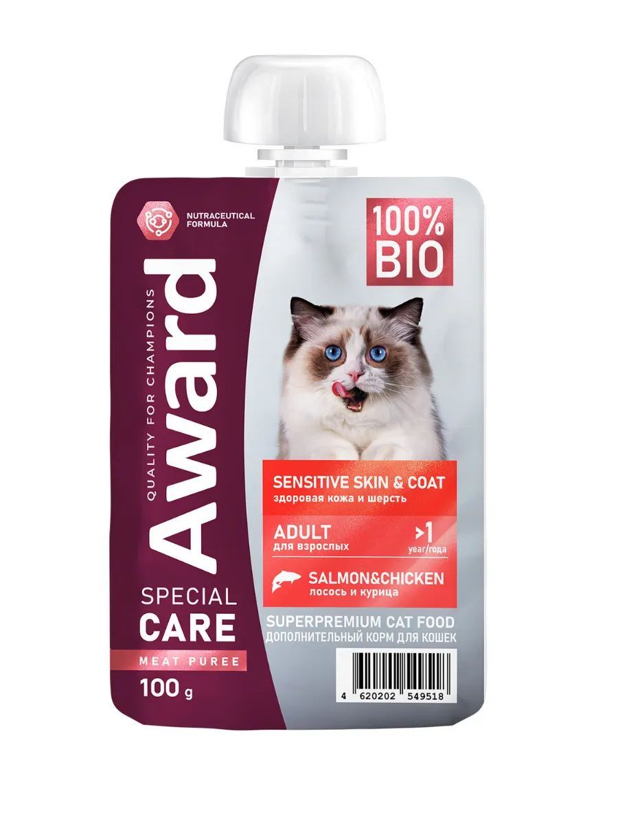 Влажный дополнит. корм AWARD SPECIAL CARE Sensitive skin&coat "мясное пюре" для взрослых кошек для здоровья кожи и шерсти из курицы с лососем 100 г