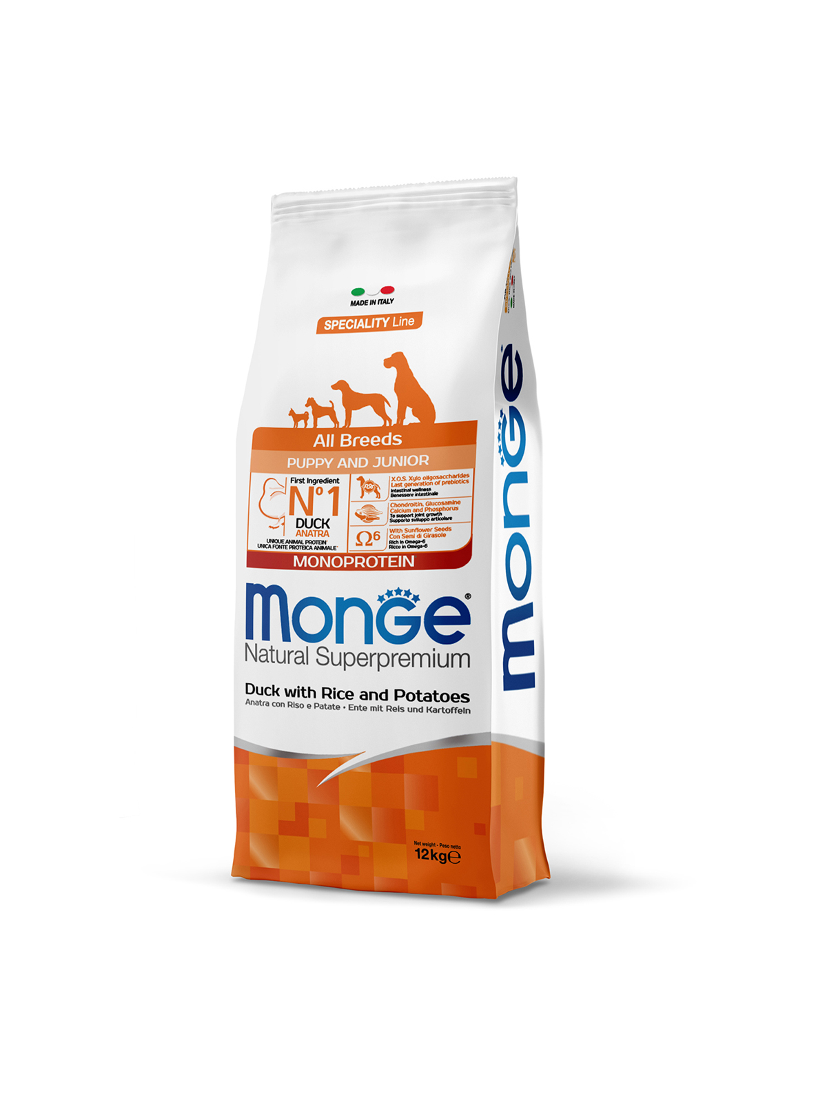 Сухой корм Monge Dog Speciality Line Monoprotein для щенков всех пород, из утки с рисом и картофелем 12 кг
