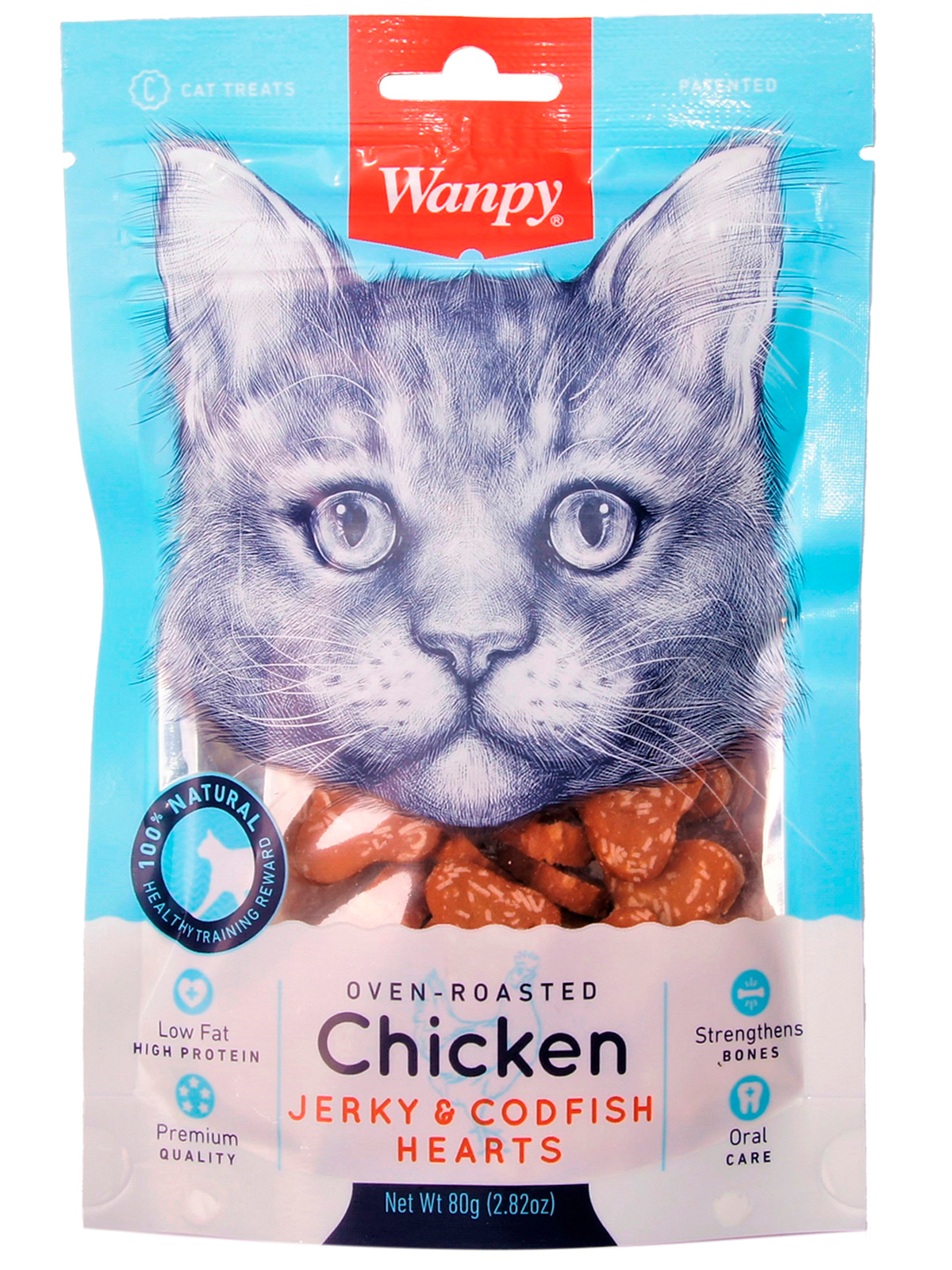 Wanpy Cat Лакомство для кошек сердечки из курицы с треской 80 г