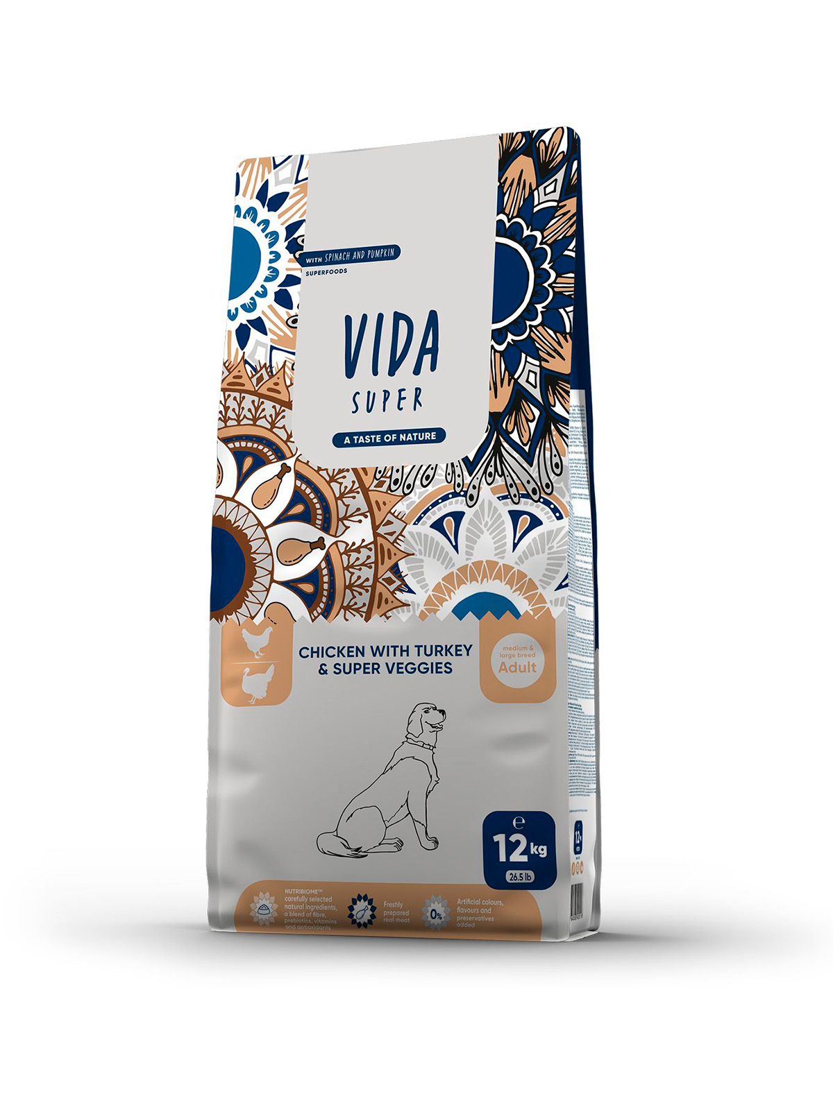 Сухой корм VIDA SUPER для взрослых собак средних и крупных пород из курицы с индейкой и овощами 12 кг