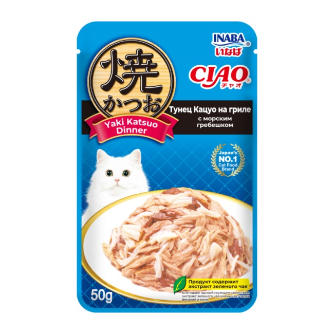 INABA CIAO Yaki Katsuo Dinner Влажный корм для кошек,  тунец Кацуо на гриле с морским гребешком,  50г