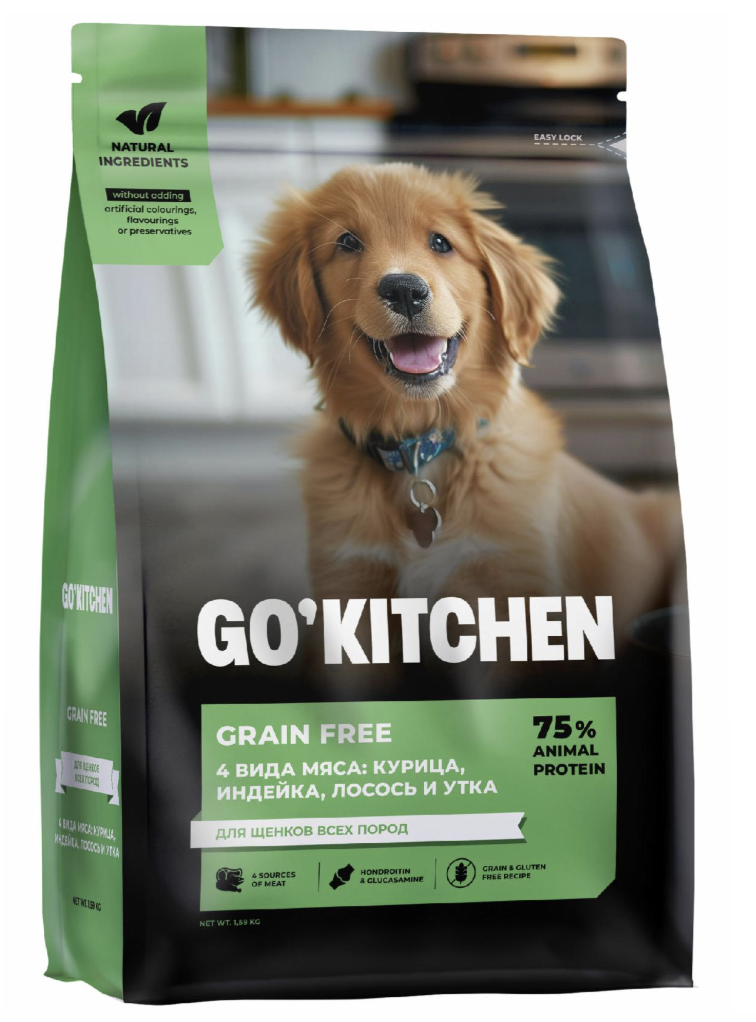 GO'KITCHEN Cухой беззерновой корм для щенков индейка, курица 1,59 кг 0815260005050