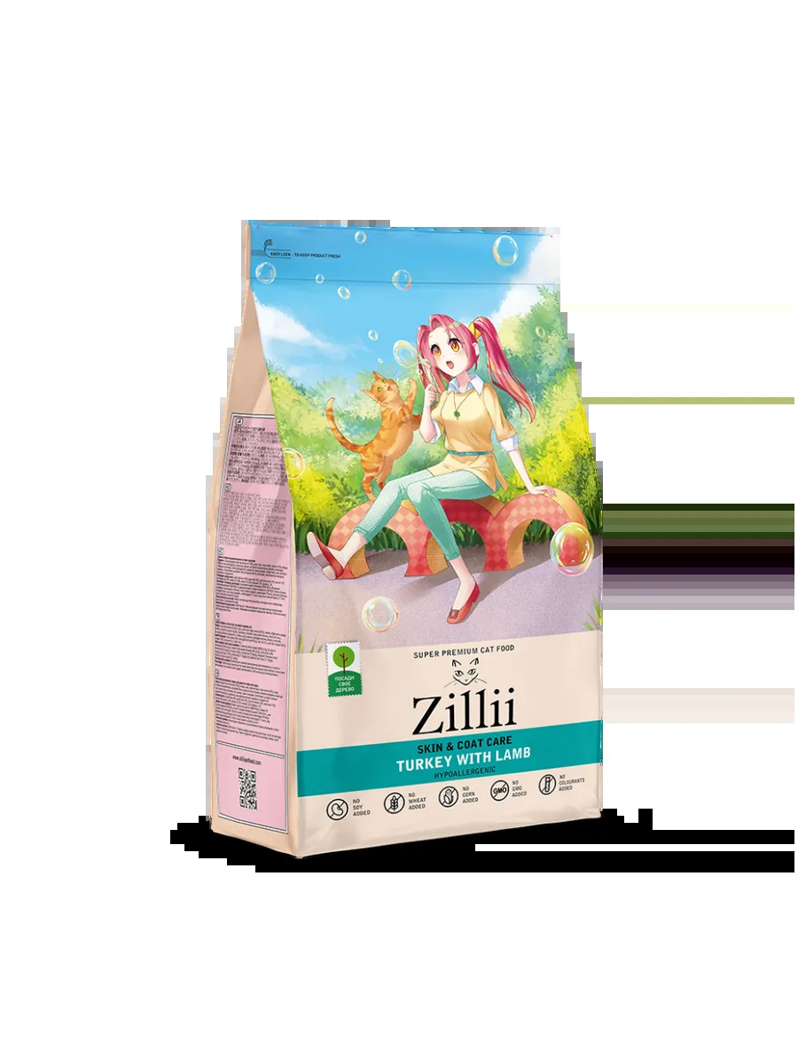 Zillii корм для кошек для кожи и шерсти с индейкой и ягненком 2 кг